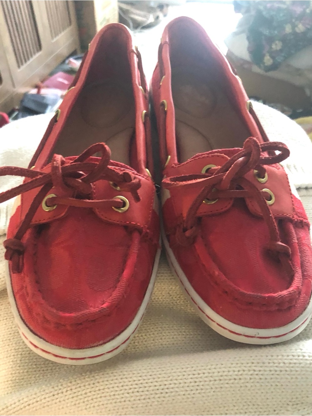 COACH Rainey Women's Boat Shoes Red Canvas Signature Logo Loafers Flats 8.5 B